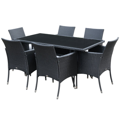Loreke Black Rattan 6 Seater Outdoor Dining Set With Armchairs And Glass Top Table