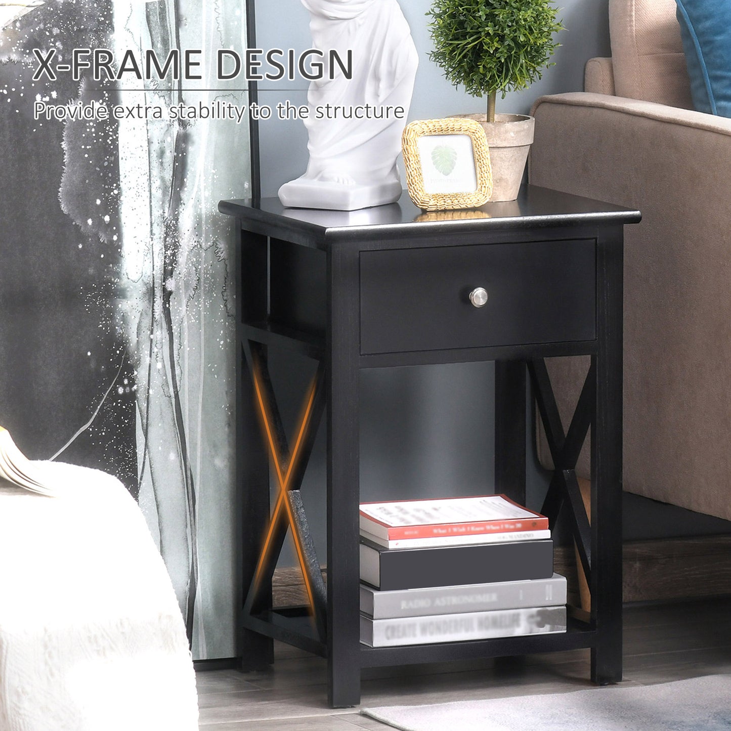Vidodo Black Wooden Bedside Table With Drawer X Bar Base And Lower Shelf
