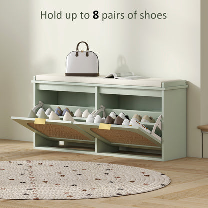 Rika Wooden Light Green Boho Style Shoe Bench With Cushioned Seat And 2 Flip Drawers