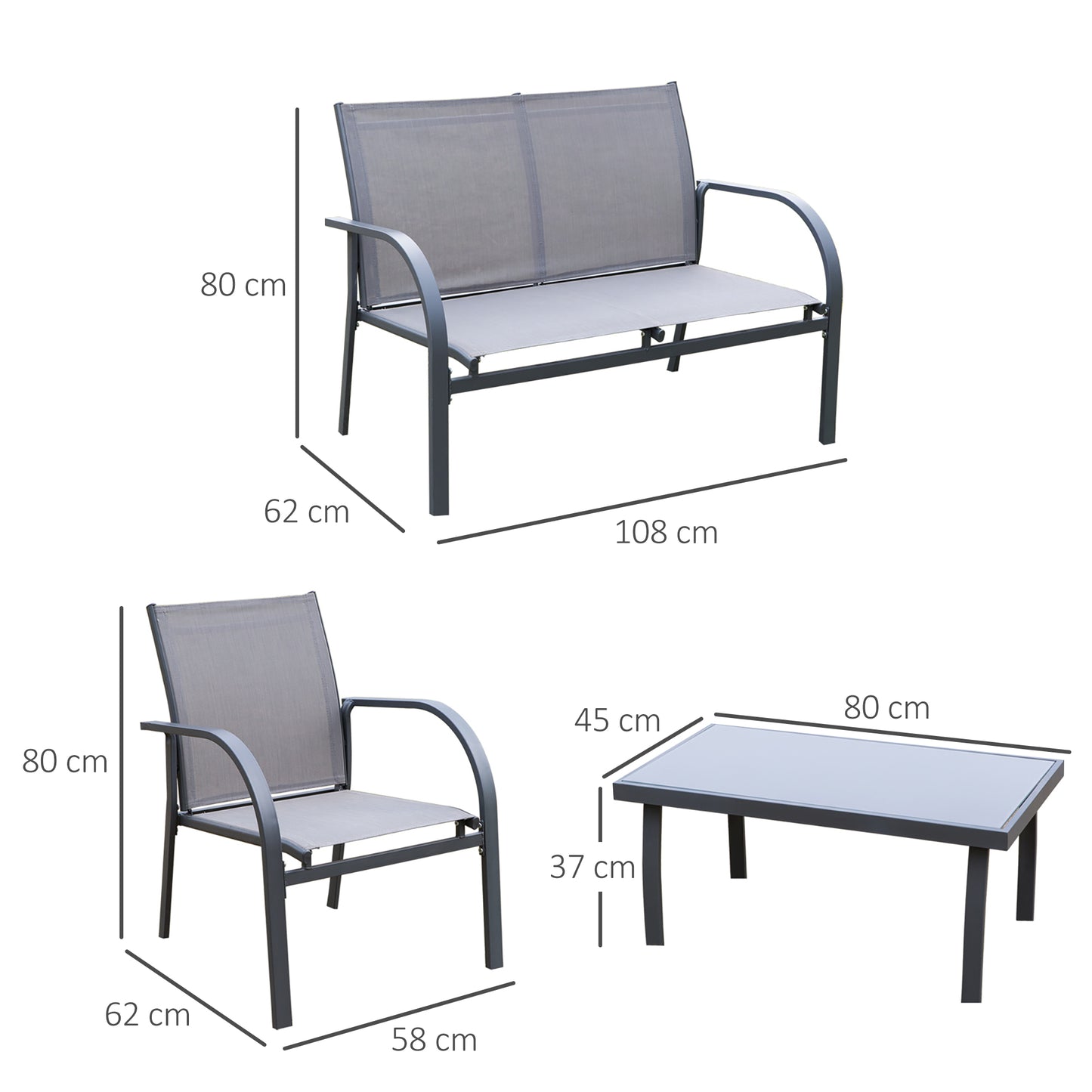 Babane 4 Seater Minimal Garden Patio Set Grey Mesh Aluminium Frame