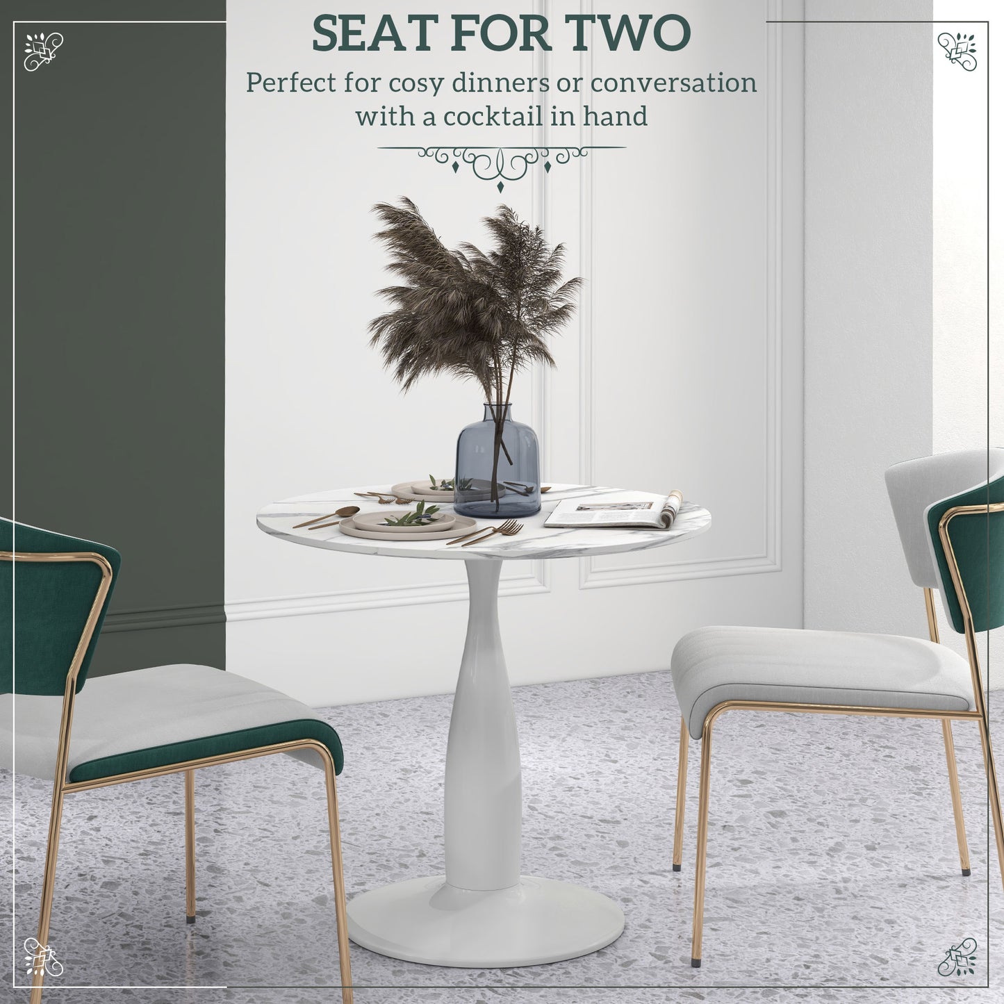 Falo 80cm Metal And Steel White And Grey Marble Effect Small Dining Table With Non Slip Feet For 2