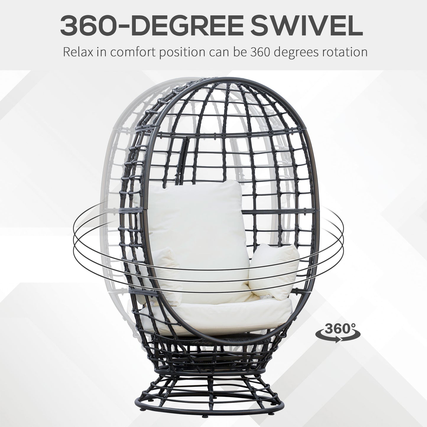 Rasu Rattan Black Swivel Egg Chair With White Cushion And Pillow