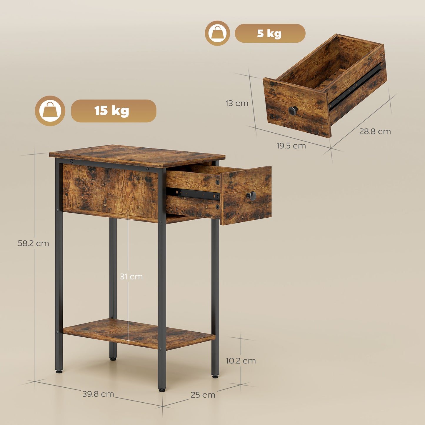 Matone Wooden Rustic Brown Narrow Side Table With Drawer And Lower Shelf