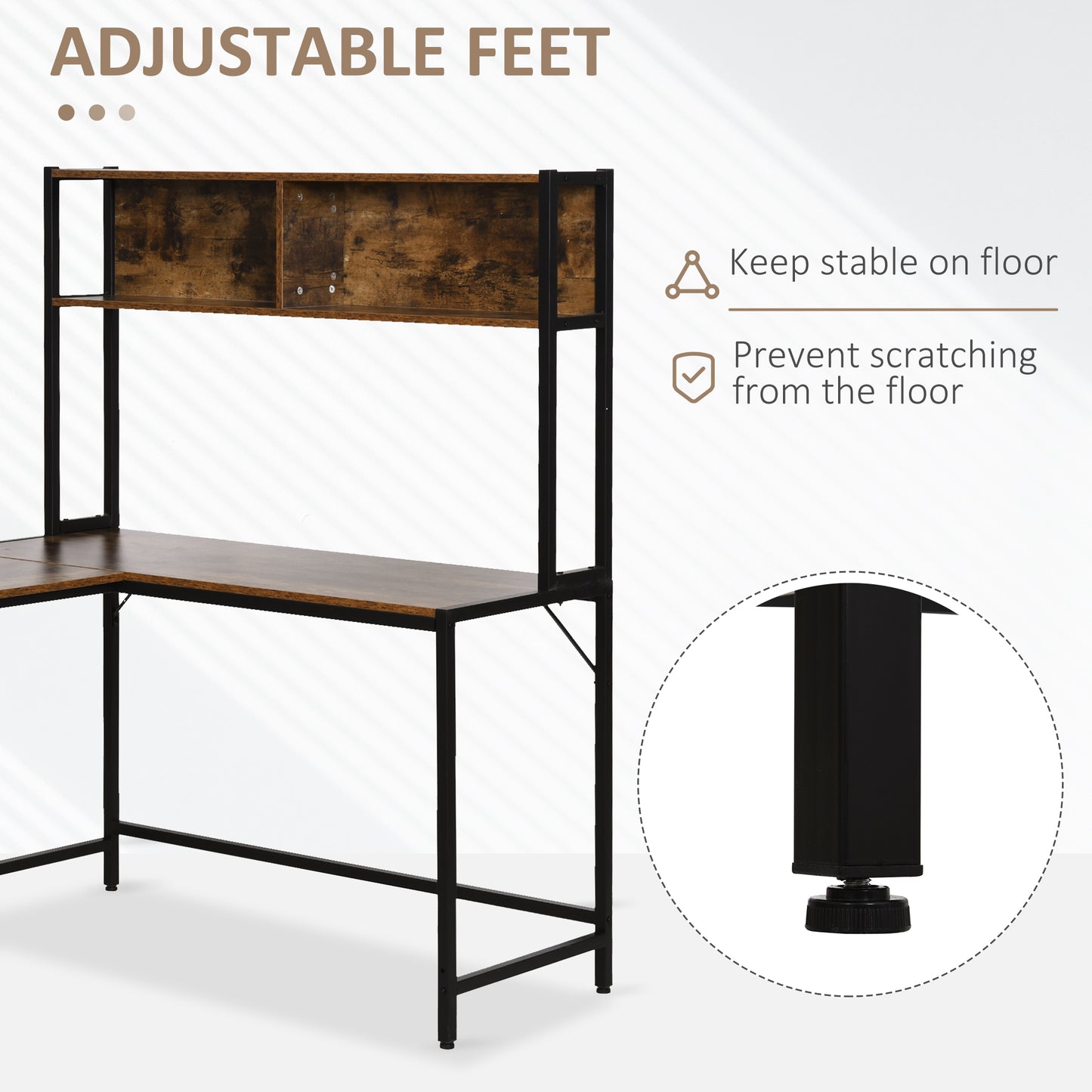 Monoba 140cm Mani Metal And Wooden Brown Industrial L Shaped Desk With Bookshelf