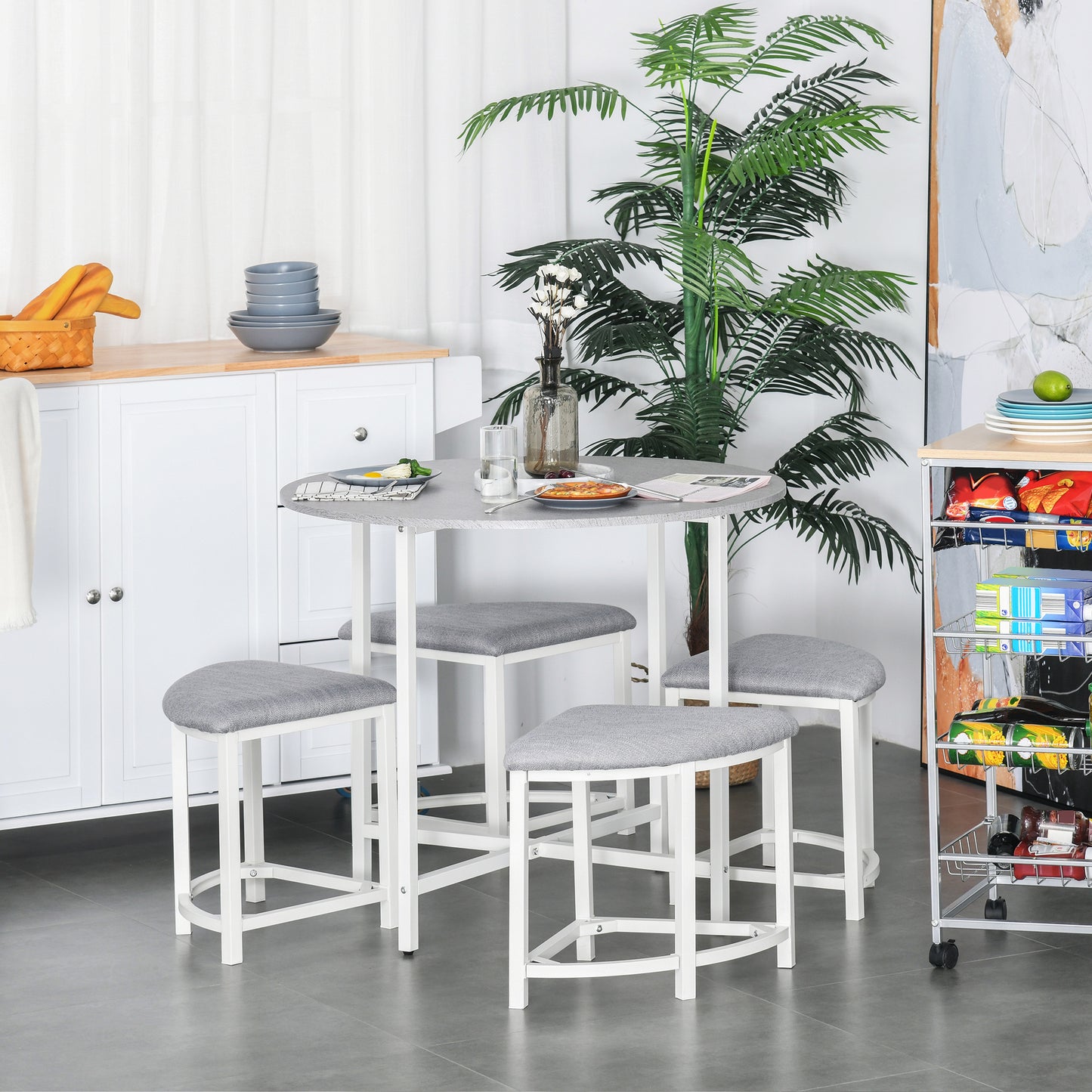 Bavino Metal And Fabric Grey Round Dining Table With 4 Upholstered Stools