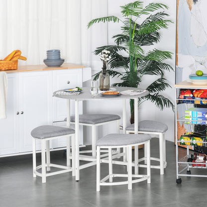 Bavino Metal And Fabric Grey Round Dining Table With 4 Upholstered Stools