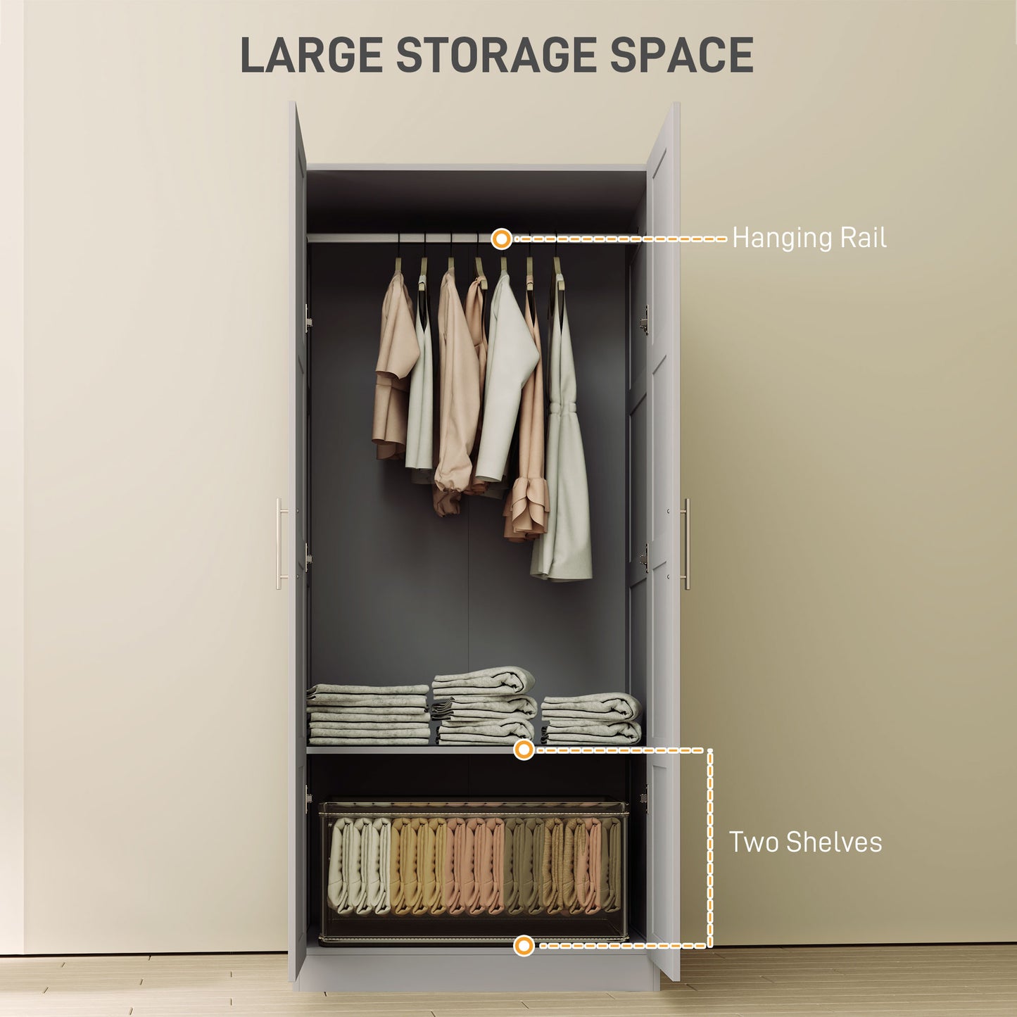 Coralani Wooden Grey 2 Door Wardrobe With Hanging Rail Internal and Shelf
