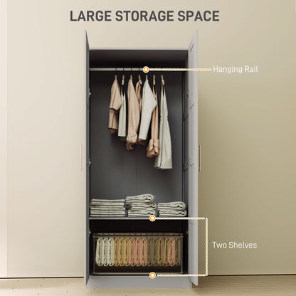 Coralani Wooden Grey 2 Door Wardrobe With Hanging Rail Internal and Shelf