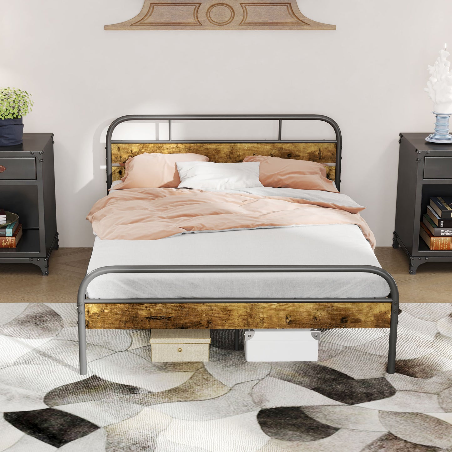 Marera 4FT6 Industrial Double Bed Frame Metal Black and Brown