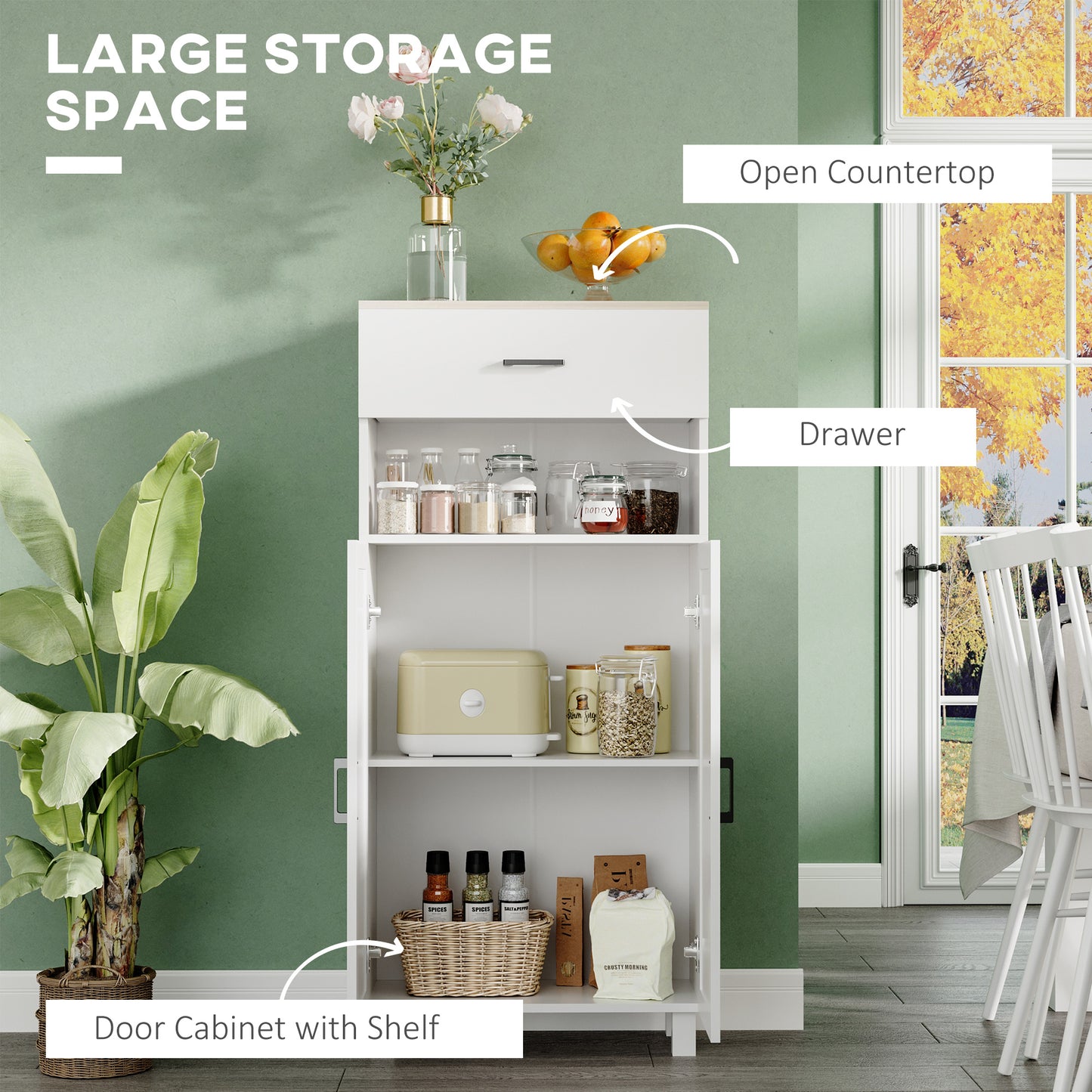 Yoelna 130cm Wooden White Nordic Kitchen Cabinet 1 Drawer 2 Doors And Open Counter