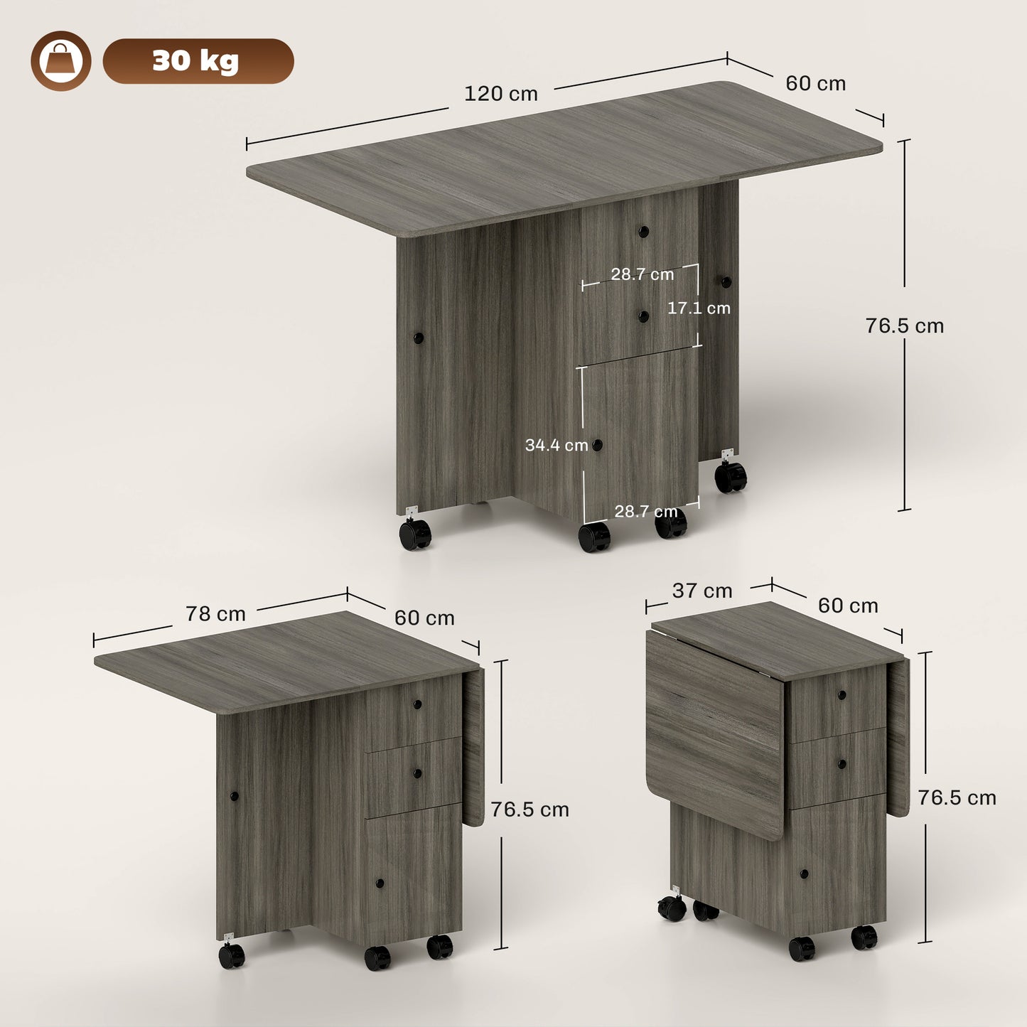 Todiralo Wooden Grey Drop Leaf Dining Table With Built In Storage For 6