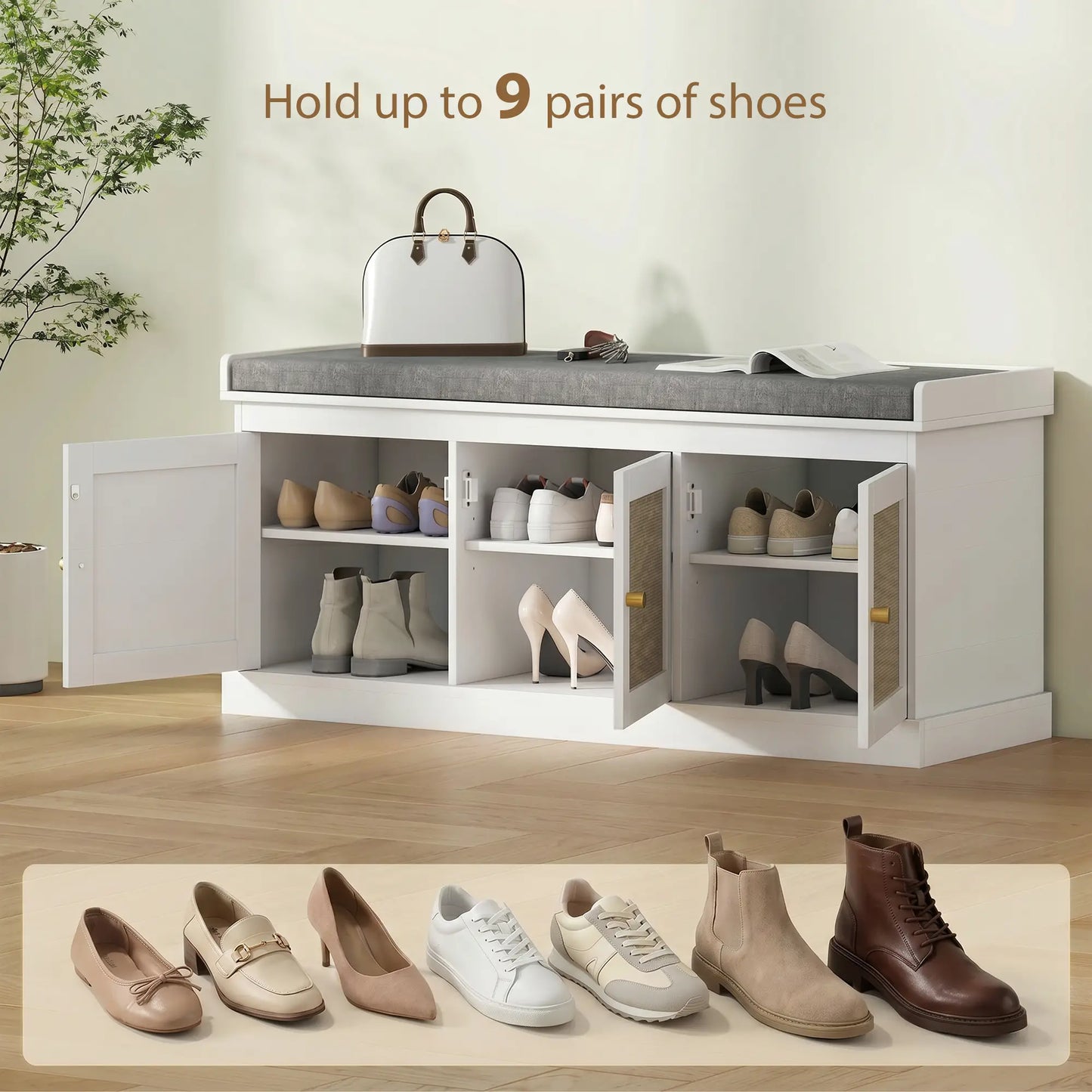 Wooden White Shoe Bench With 3 Woven Rattan Doors And Grey Padded Seat
