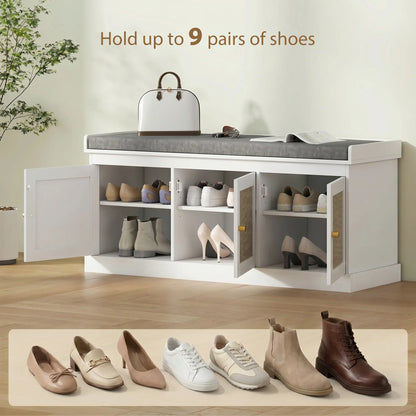 Wooden White Shoe Bench With 3 Woven Rattan Doors And Grey Padded Seat