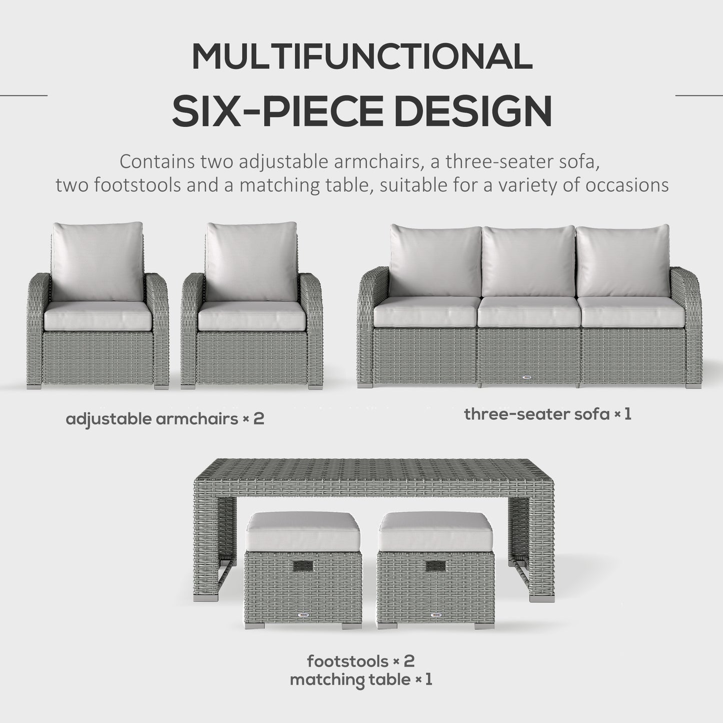 Tanette Rattan Grey 7 Seater Outdoor Sofa Set With Reclining 2 Armchairs And 2 Stools