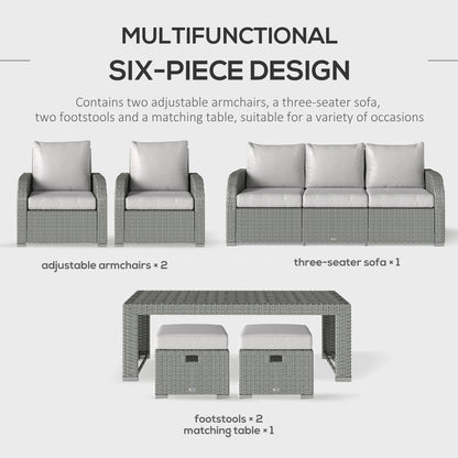 Tanette Rattan Grey 7 Seater Outdoor Sofa Set With Reclining 2 Armchairs And 2 Stools