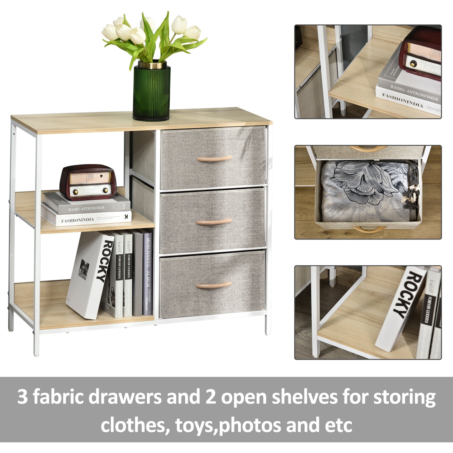 Pasaha White Metal and Natural Wood Storage Chest With 3  Grey Fabric Drawers and 2 Shelvess