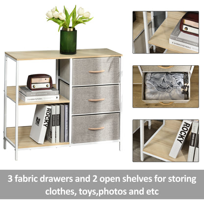 Pasaha White Metal and Natural Wood Storage Chest With 3  Grey Fabric Drawers and 2 Shelvess