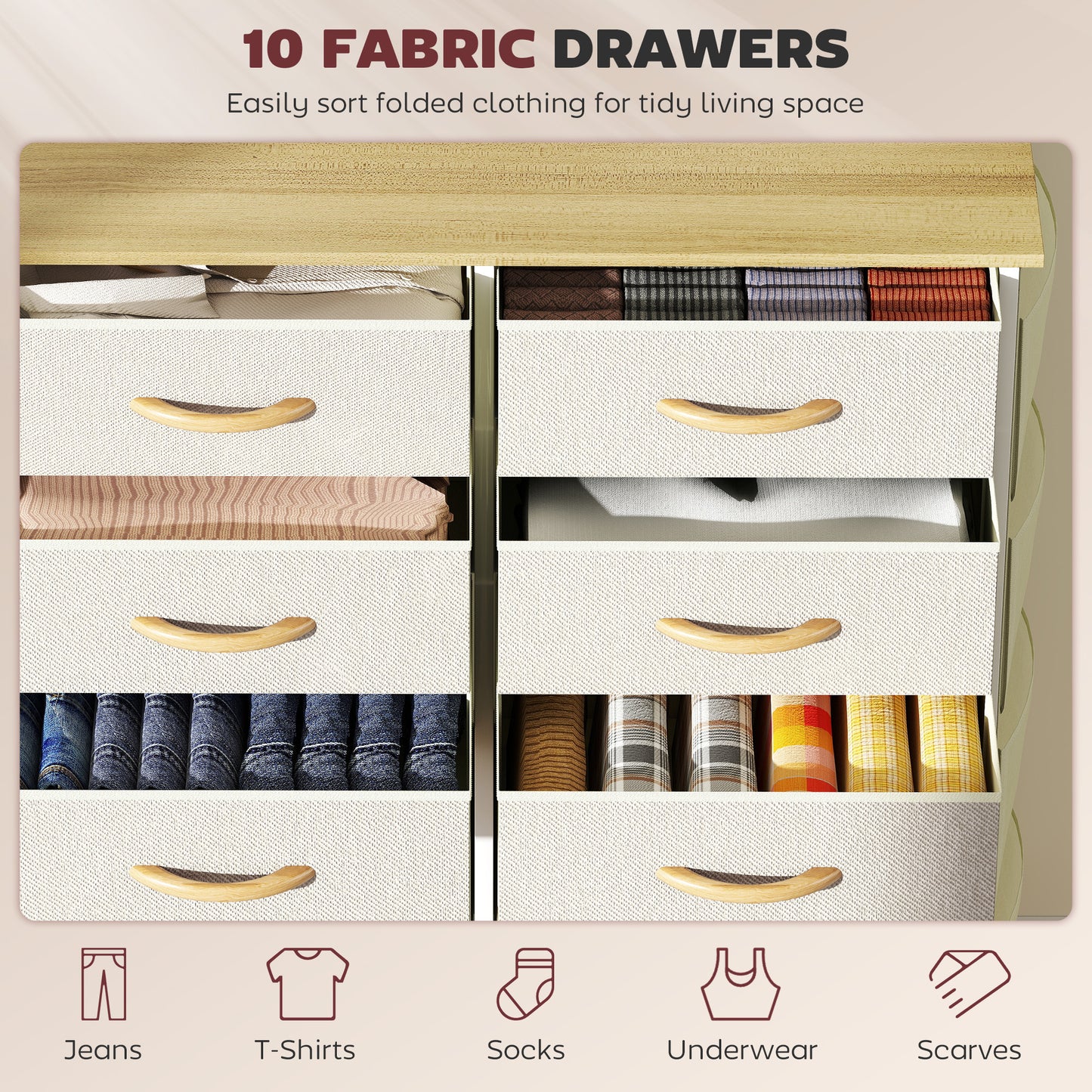 Lilu Fabric And Metal Beige 10 Drawer Storage Chest