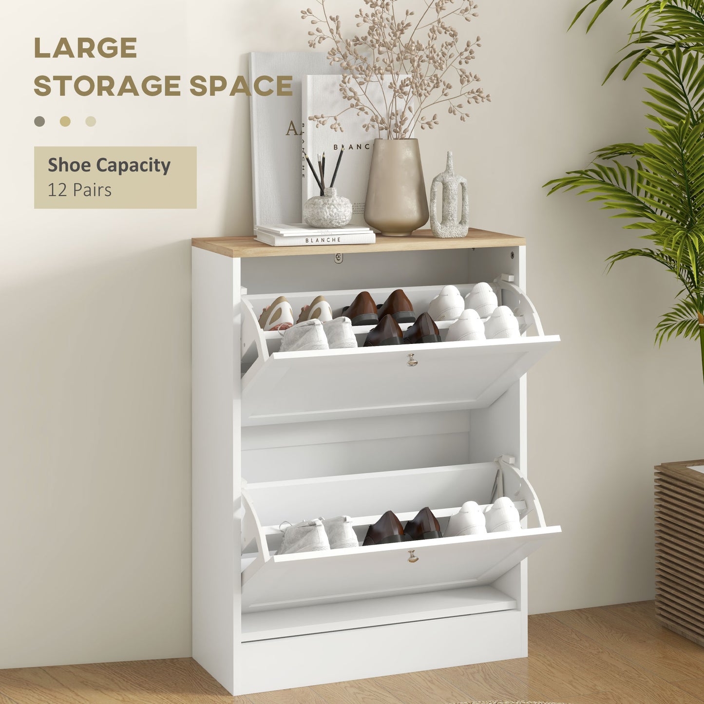 Lori Wooden White Natural Top Shoe Cabinet With 2 Flip Drawers