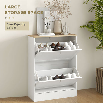 Lori Wooden White Natural Top Shoe Cabinet With 2 Flip Drawers