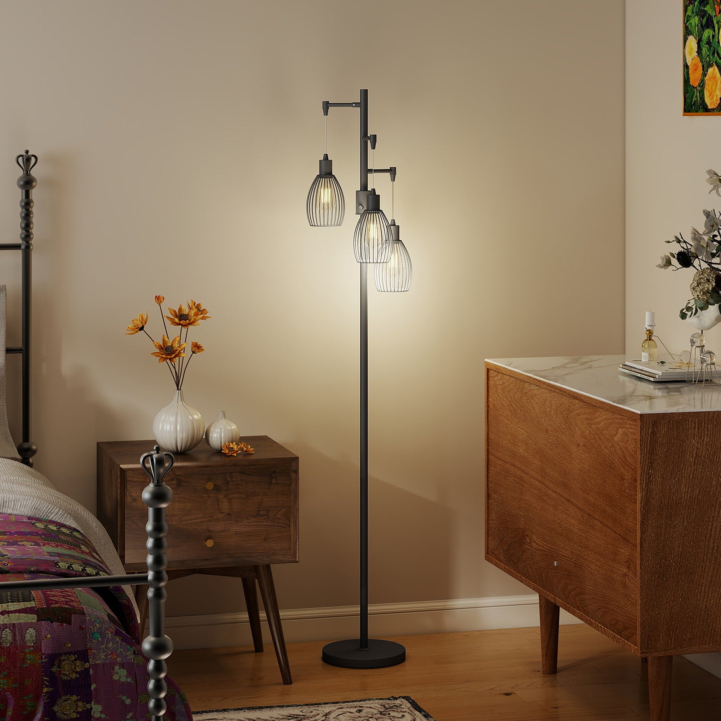 Tane Metal Black Industrial 3 Light LED Floor Lamp With Wire Cage Shades