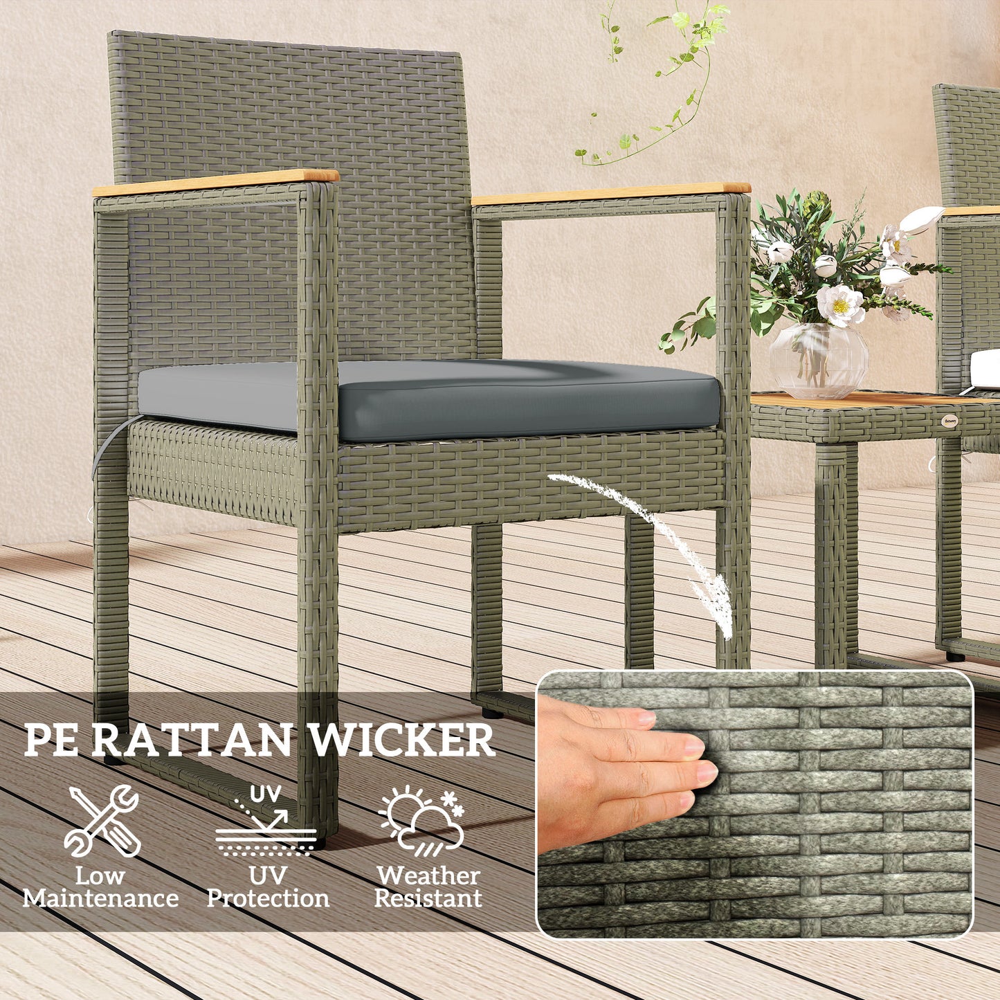 Viyofi Rattan Grey and Natural 3 Piece Outdoor Garden Bistro Set With Cushions