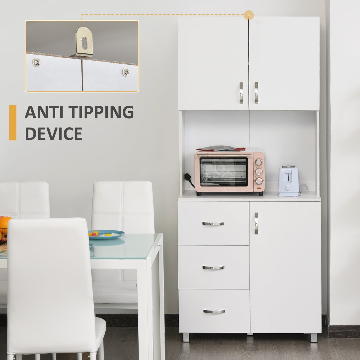 Dika Wooden White Tall Kitchen Storage Cabinet With Doors Drawers And Adjustable Shelving 183.5 cm