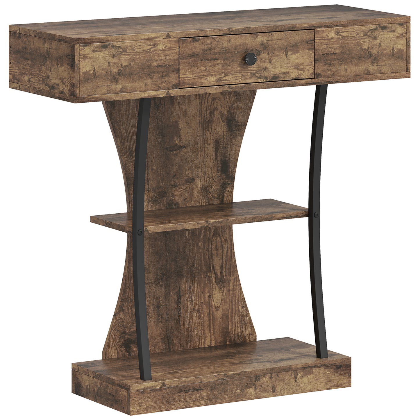 Rasana Metal And Wooden Rustic Brown 3 Tier Console Table With Drawer And Shelves