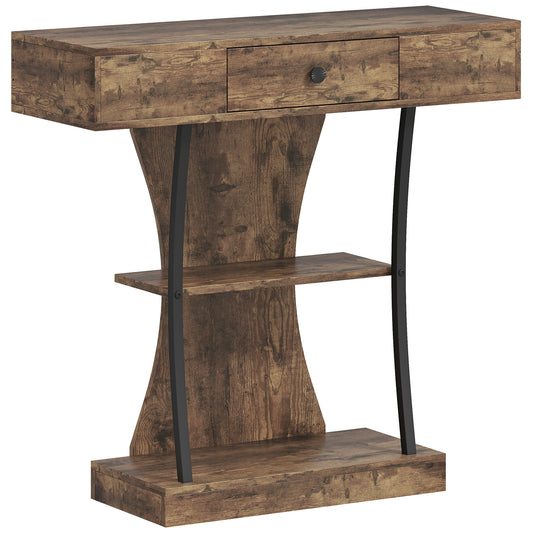 Rasana Metal And Wooden Rustic Brown 3 Tier Console Table With Drawer And Shelves
