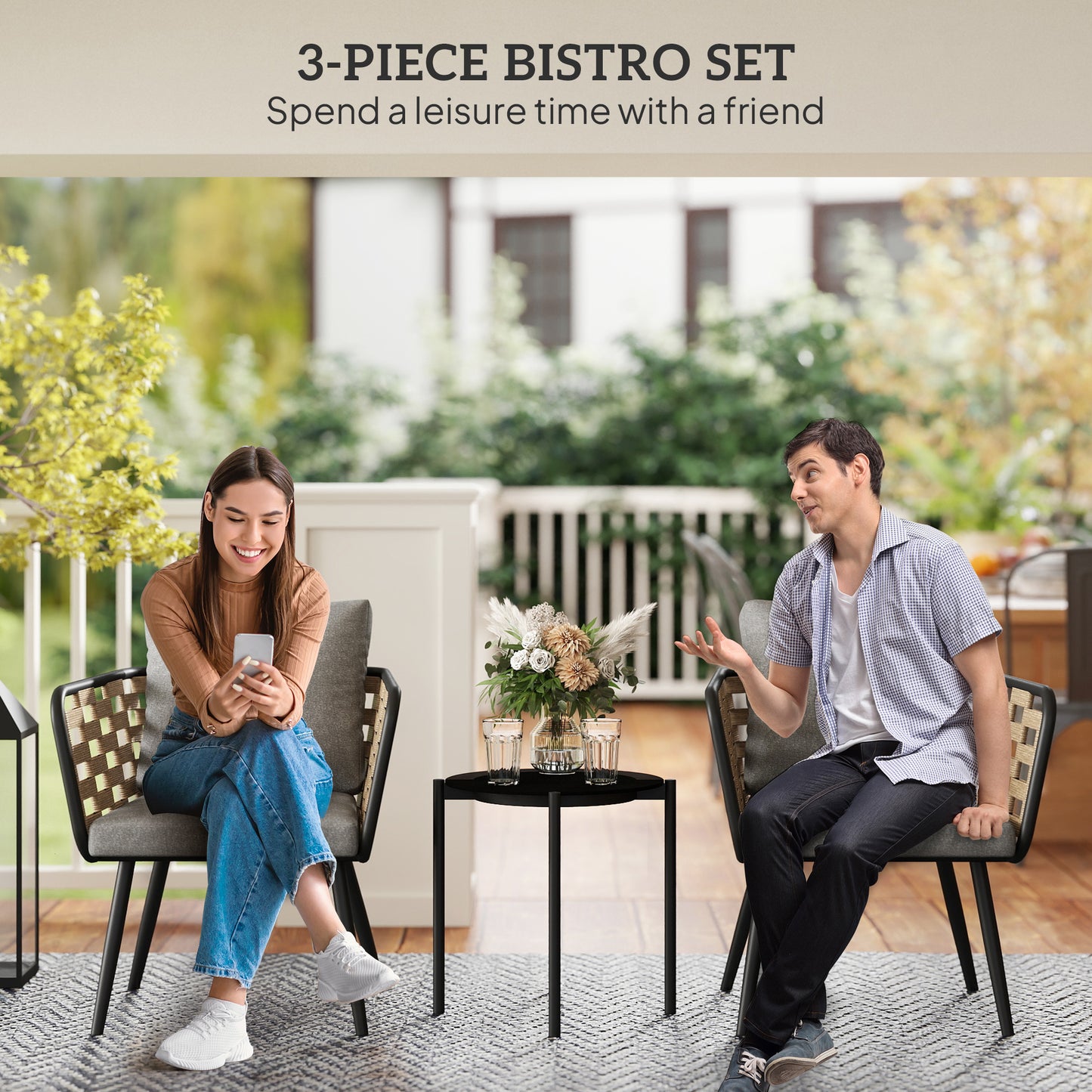 Lomi Natural Rattan 3 Piece Bistro Set with Round Glass Coffee Table