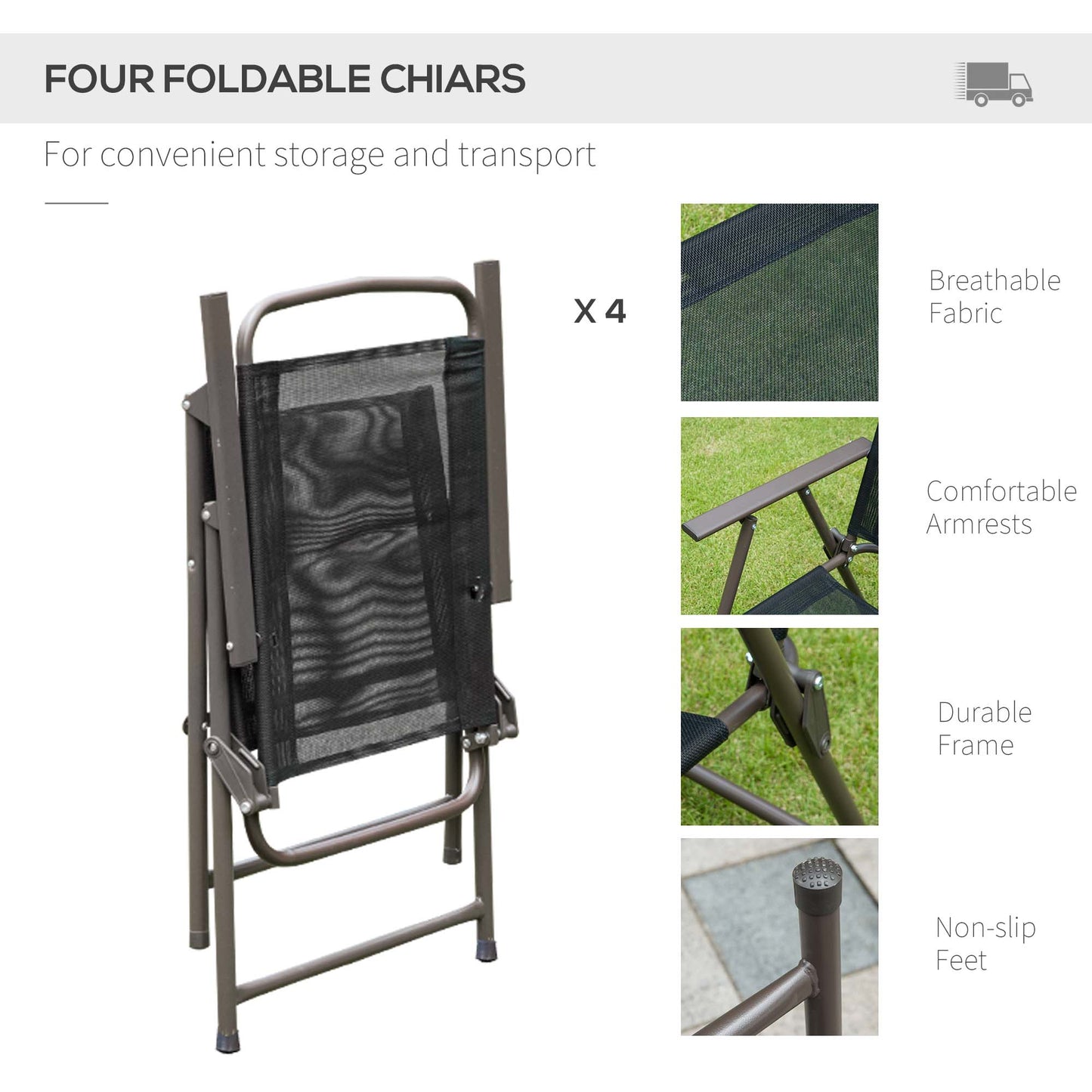 Jattare 4 Seater Metal and Mesh Black Garden Dining Set With Parasol Folding Chairs And Glass Table