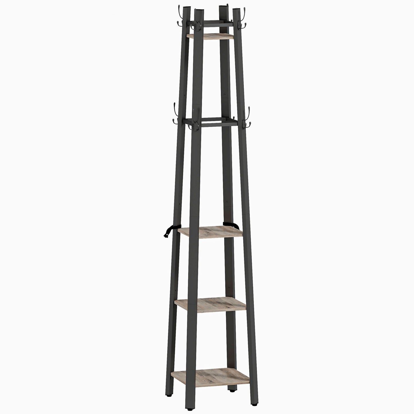 Savapa Metal And Wood Grey And Black 4 Tier Industrial Coat Stand With Shelves