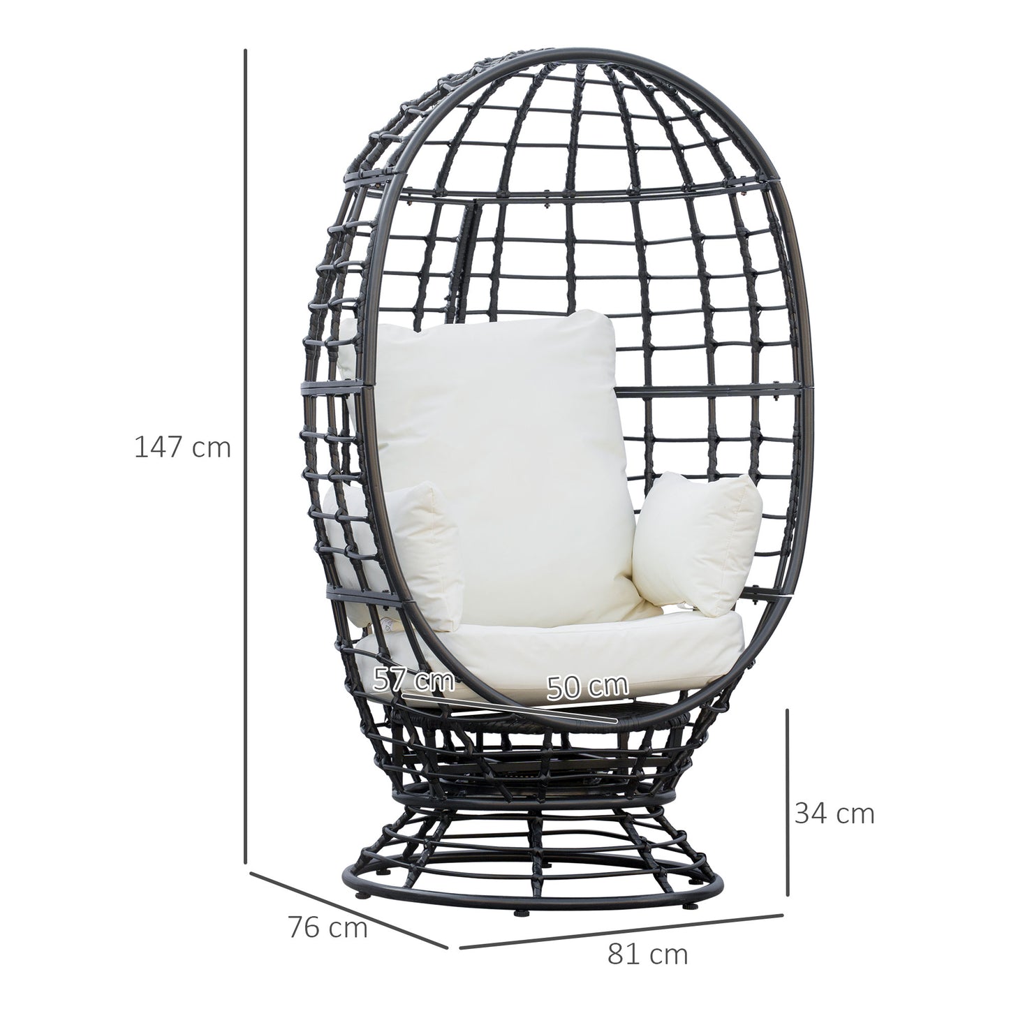 Rasu Rattan Black Swivel Egg Chair With White Cushion And Pillow