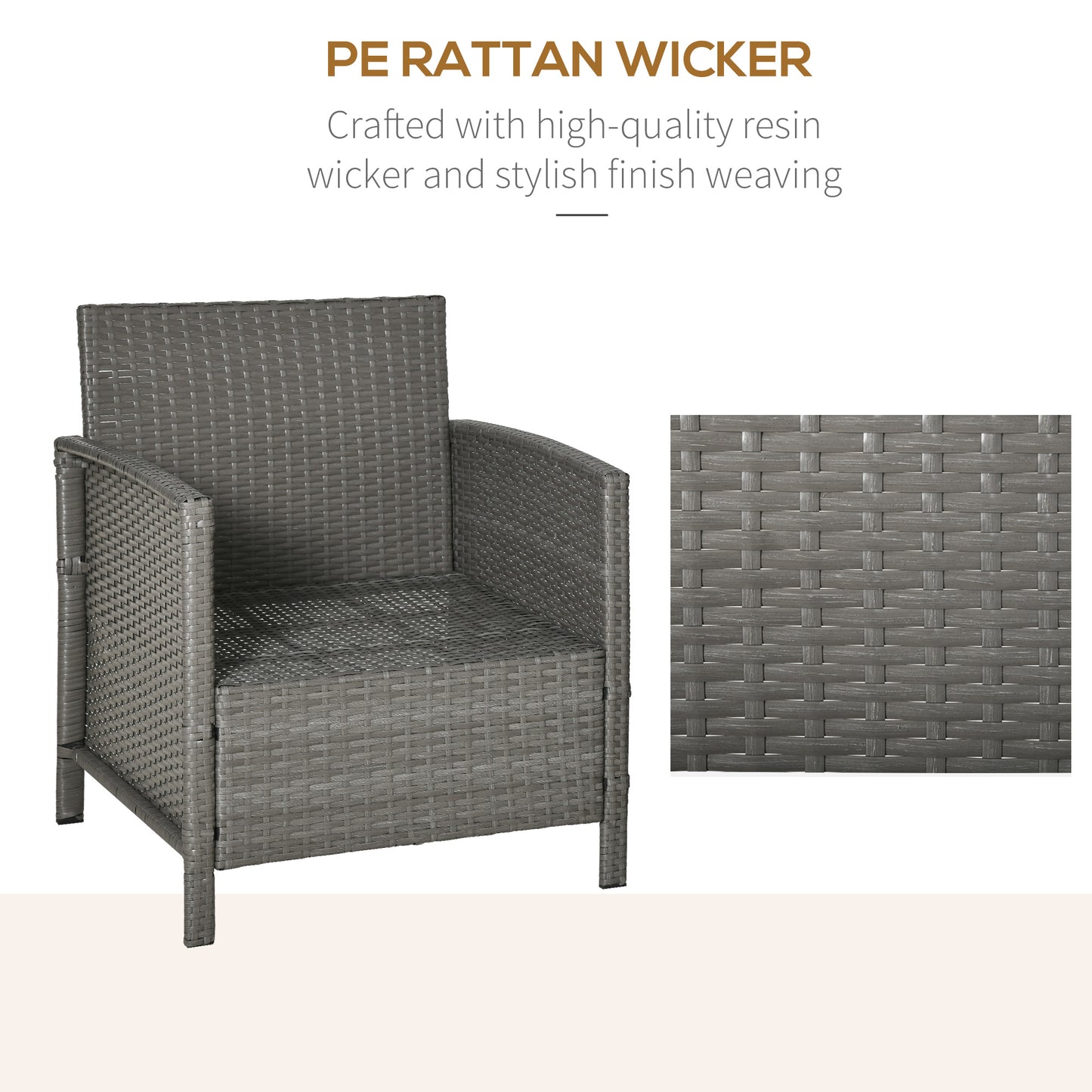 Reha Rattan Light Grey 3 Piece Garden Bistro Set With 2 Tier Glass Table And Stripe Cushions