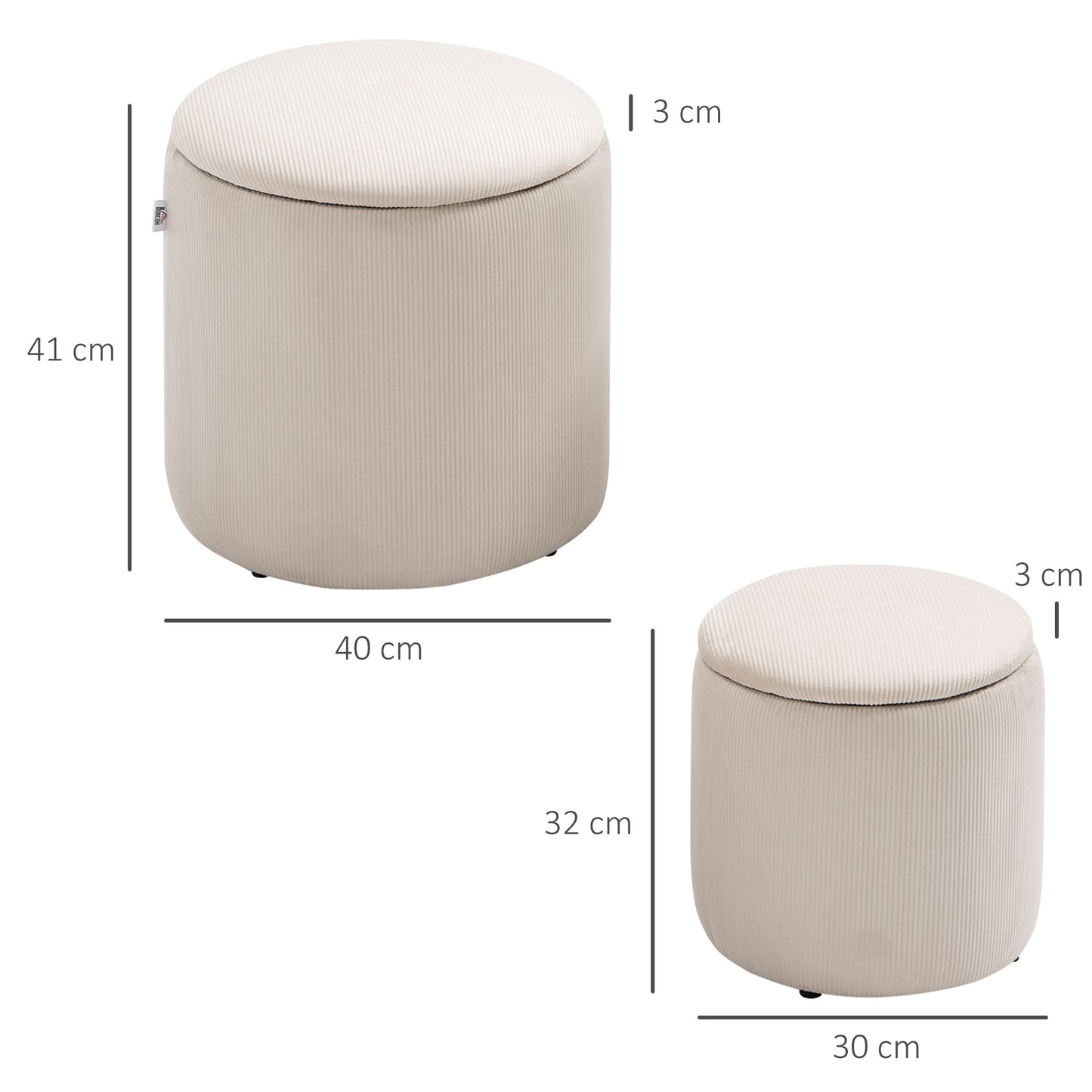 Vivalepa Set Of 2 Fabric Cream White Round Storage Ottomans With Removable Lids