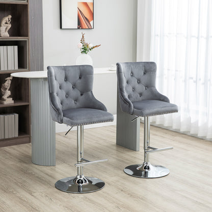Recoco Velvet Grey Adjustable Swivel Bar Stools Set Of 2 With Tufted Back And Nailhead Detail