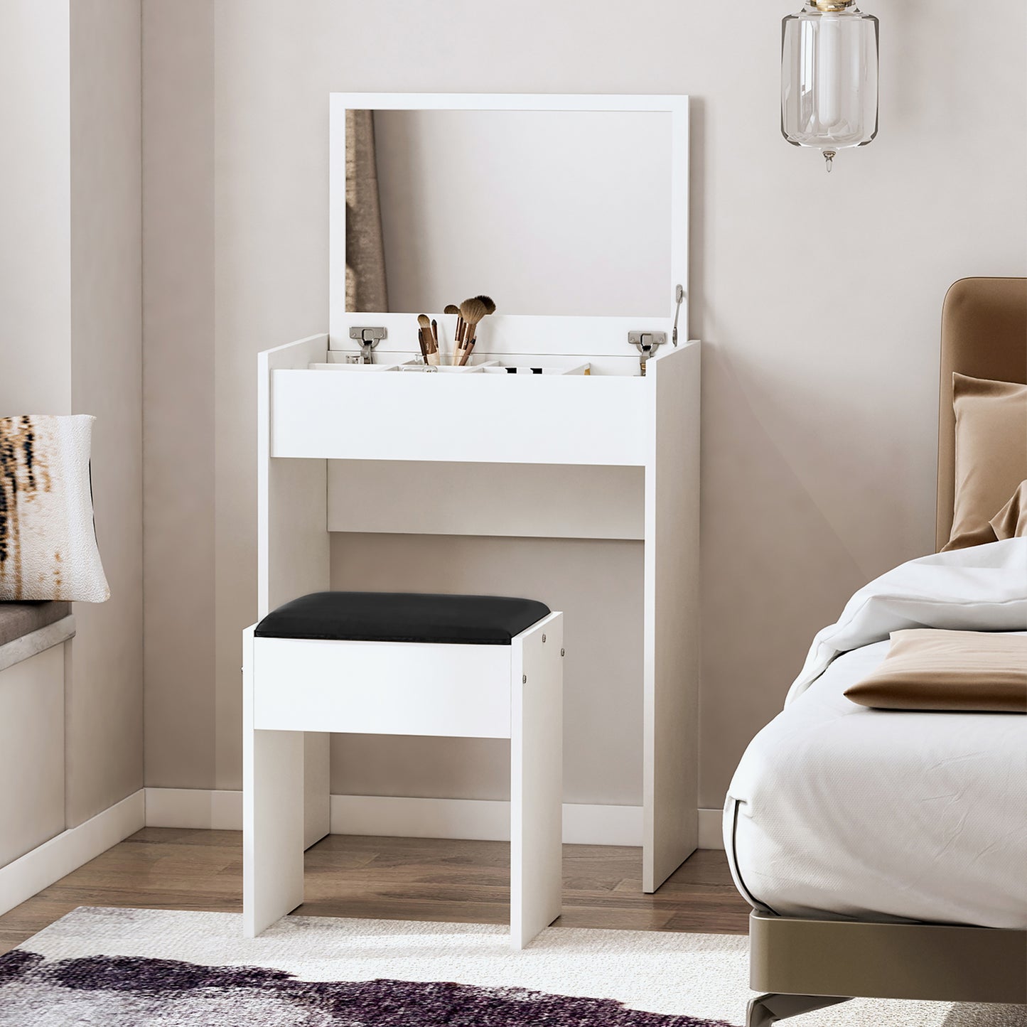 Nolena White Wood Vanity Table With Flip Up Mirror Padded Stool And Storage