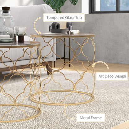 Takkita Metal And Glass Gold Tone Set Of 2 Nesting Side Tables With Tempered Glass Tops