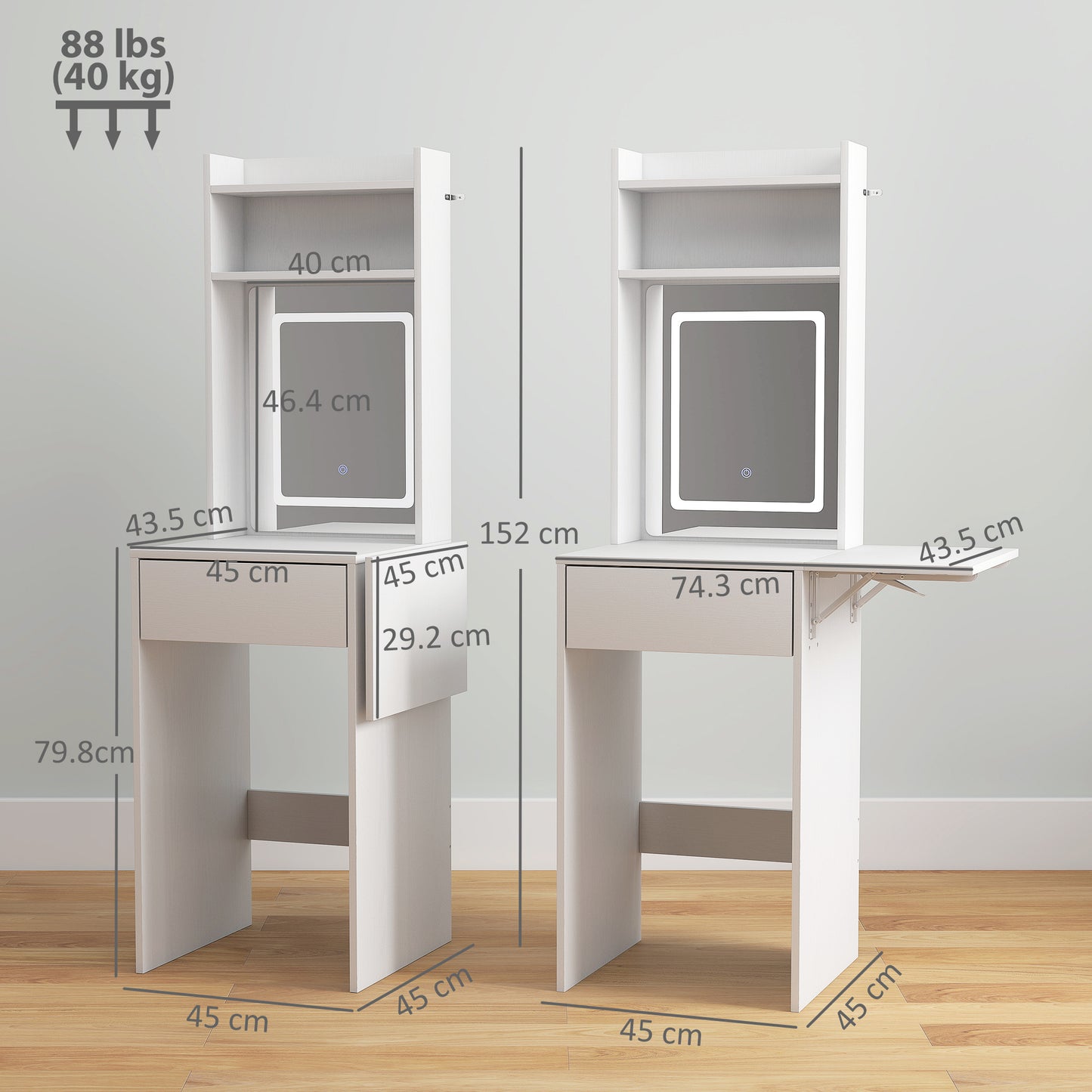 Ravitti White Compact Vanity Desk With Mirror LED Lights Drop Leaf And Open Shelves