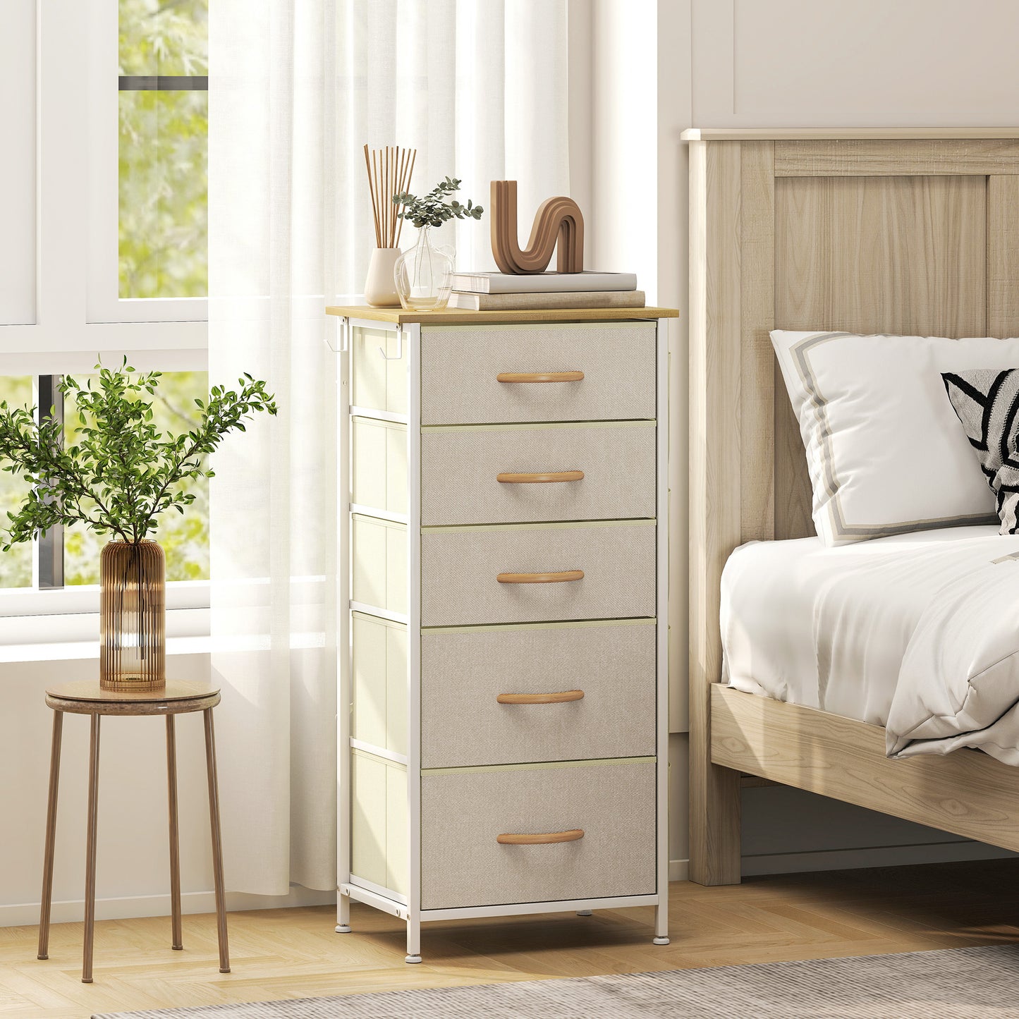 Batoro Fabric And Metal Beige 5 Drawer Storage Chest