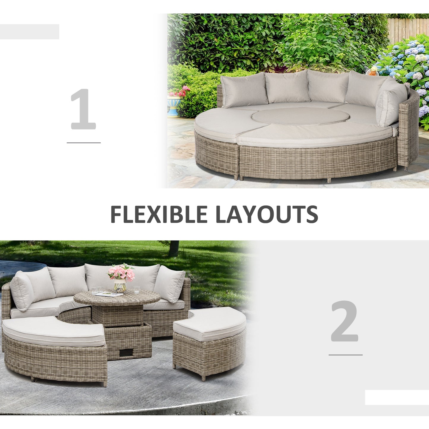 Rolipa Faux Rattan Grey 5 Piece Round Outdoor Daybed Set With Lift Up Coffee Table And Cover