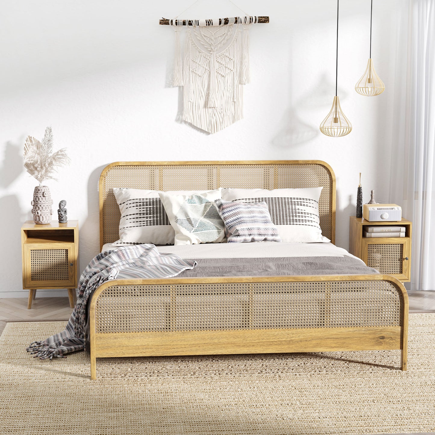 Fiha Set Of 2 Natural Wooden Bedside Tables With Rattan Door And Top Shelf