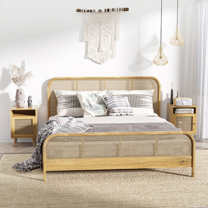 Fiha Set Of 2 Natural Wooden Bedside Tables With Rattan Door And Top Shelf