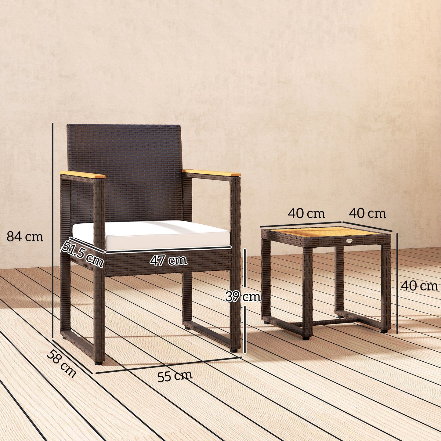 Bermuda Rattan Brown and White 3 Piece Outdoor Garden Bistro Set With Table