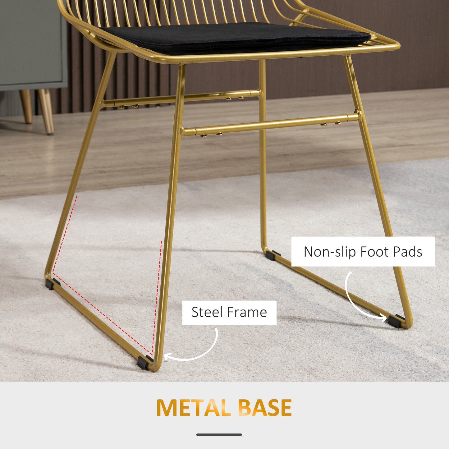Kalu Metal Gold Wire Dining Chairs Set Of 2 With Removable Velvet Cushion