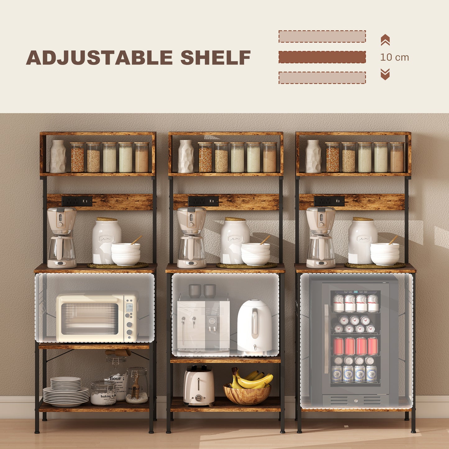Raco Kale Wooden Rustic Brown Bakers Rack With Power Outlet USB Charging And Adjustable Shelves