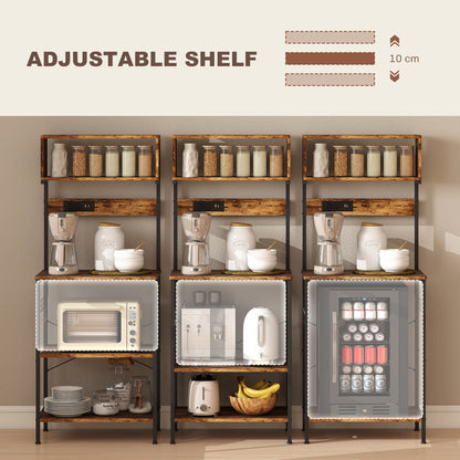 Raco Kale Wooden Rustic Brown Bakers Rack With Power Outlet USB Charging And Adjustable Shelves