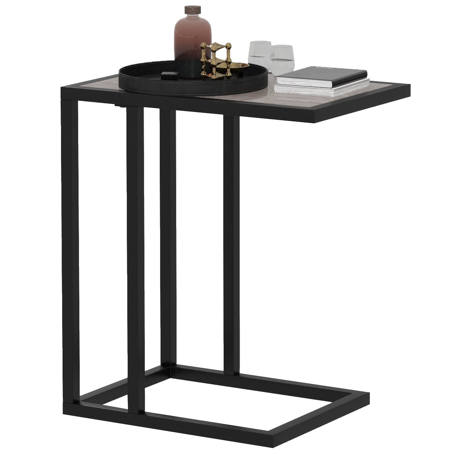 Nonili Metal And Wooden Grey Side Table With Marble Effect Top