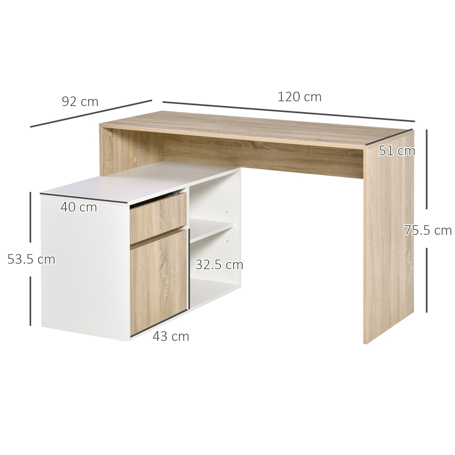 Kavi 120cm Wooden Oak And White L Shaped Desk With Drawer Shelving And Storage Cabinetm