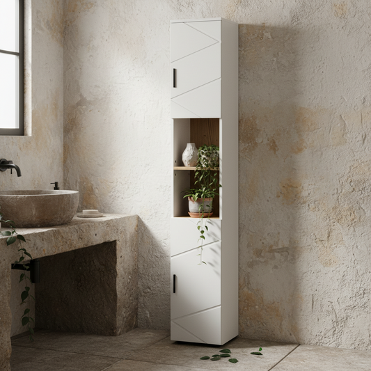 Dohifa Tall Bathroom Storage Cabinet With Line Embossed Front And Adjustable Shelves White